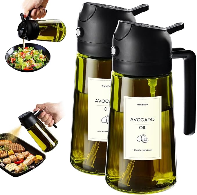 TrendPlain Oil Dispenser, Oil Bottle, 2-in-1 Dispenser and Spray, for Olive Oil and Vinegar, 470 ml, BPA Free, for Kitchen, Barbecue, Salads (Black)