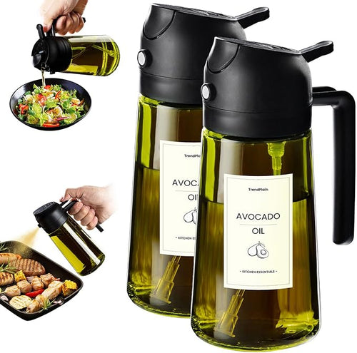 TrendPlain Oil Dispenser, Oil Bottle, 2-in-1 Dispenser and Spray, for Olive Oil and Vinegar, 470 ml, BPA Free, for Kitchen, Barbecue, Salads (Black)