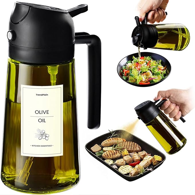 TrendPlain Oil Dispenser, Oil Bottle, 2-in-1 Dispenser and Spray, for Olive Oil and Vinegar, 470 ml, BPA Free, for Kitchen, Barbecue, Salads (Black)